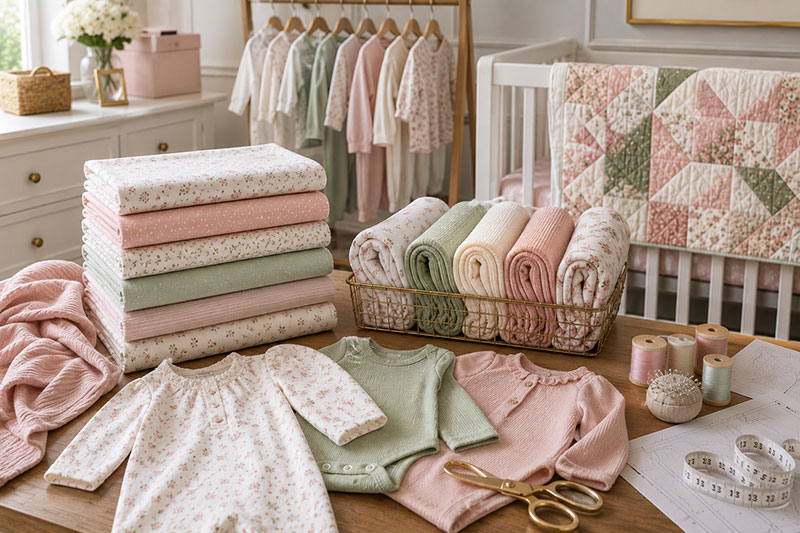 cotton knit and woven cotton fabrics folded for baby clothes sewing projects