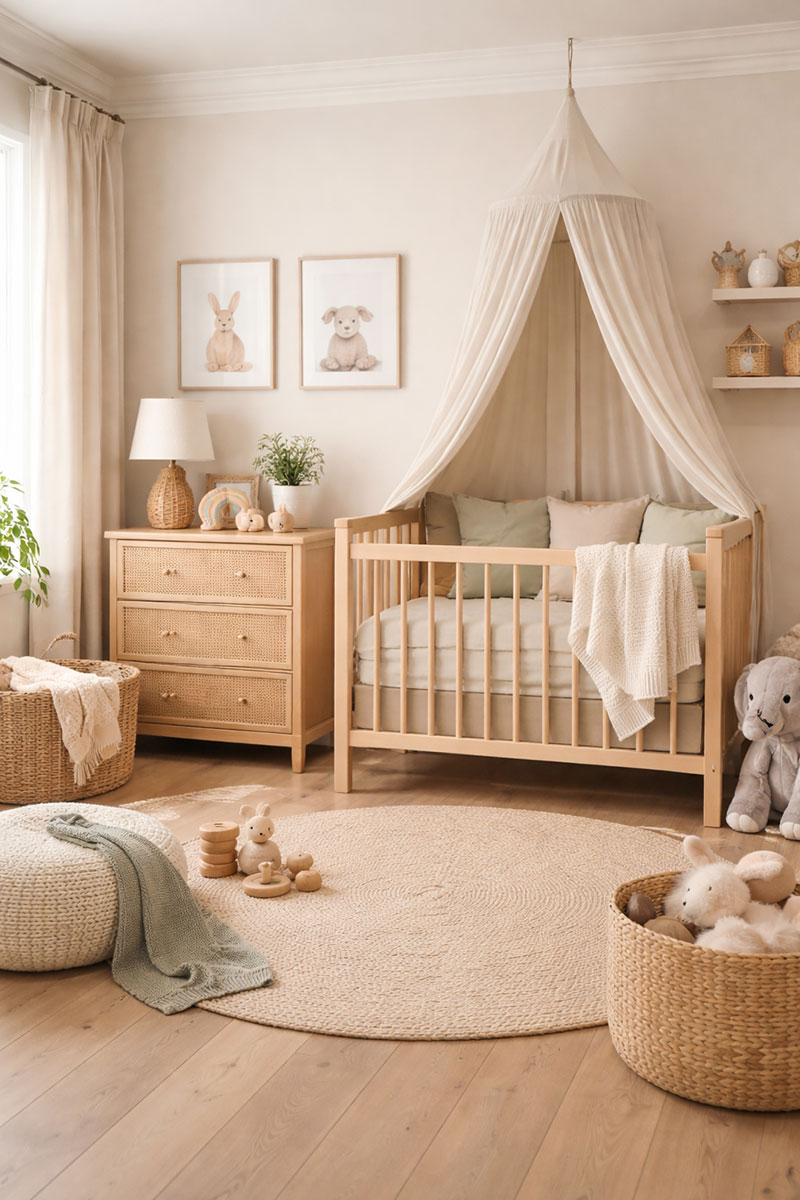 Soft neutral baby nursery color scheme with warm beige, sage green, and cream tones creating a calm, timeless space