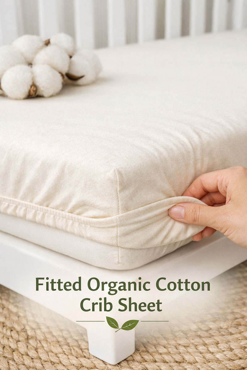 Well-fitting organic cotton baby crib sheet on a standard crib mattress
