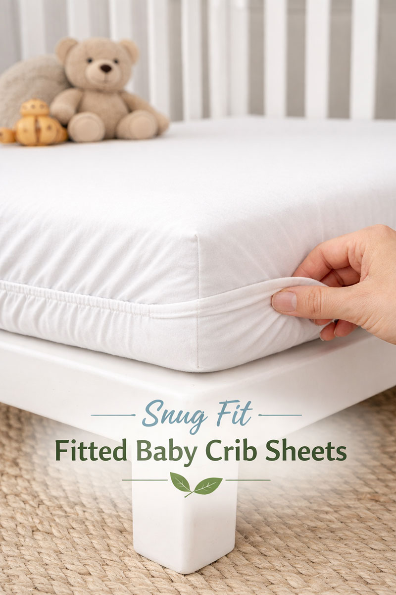 Fitted baby crib sheet pulled snug over mattress corners for a secure, smooth fit