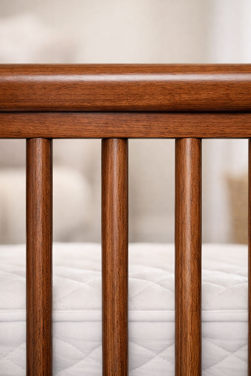 Close-up view of baby crib side rails and wooden slats showing rail height, spacing, and surface finish