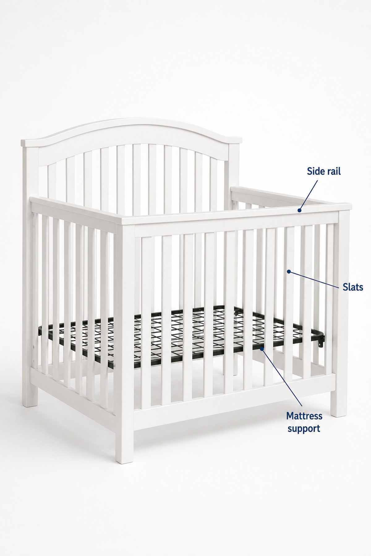 Side view of an empty wooden baby crib showing the side rails, slats, headboard, footboard, and mattress support