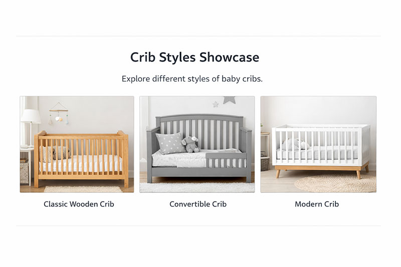 Three baby crib styles shown side by side, including wooden, convertible, and modern crib designs in neutral nursery settings