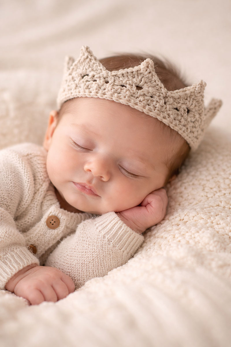 Handmade baby crown crochet pattern finished in soft neutral yarn for newborn photo props