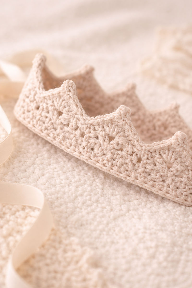 Close up of crochet crown points with picot detail for a baby crown crochet pattern