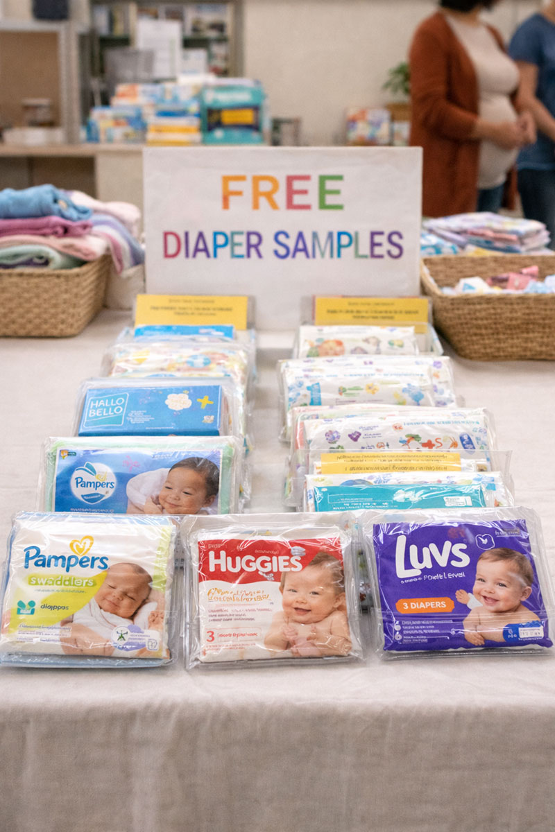 Community swap table with several diaper sample packs arranged for families to choose from