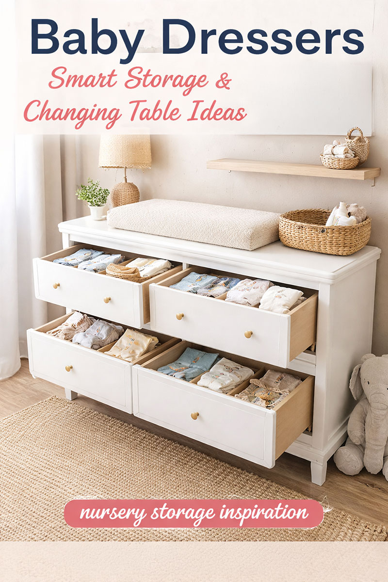 Modern baby dresser in a nursery with organized drawers and changing pad on top
