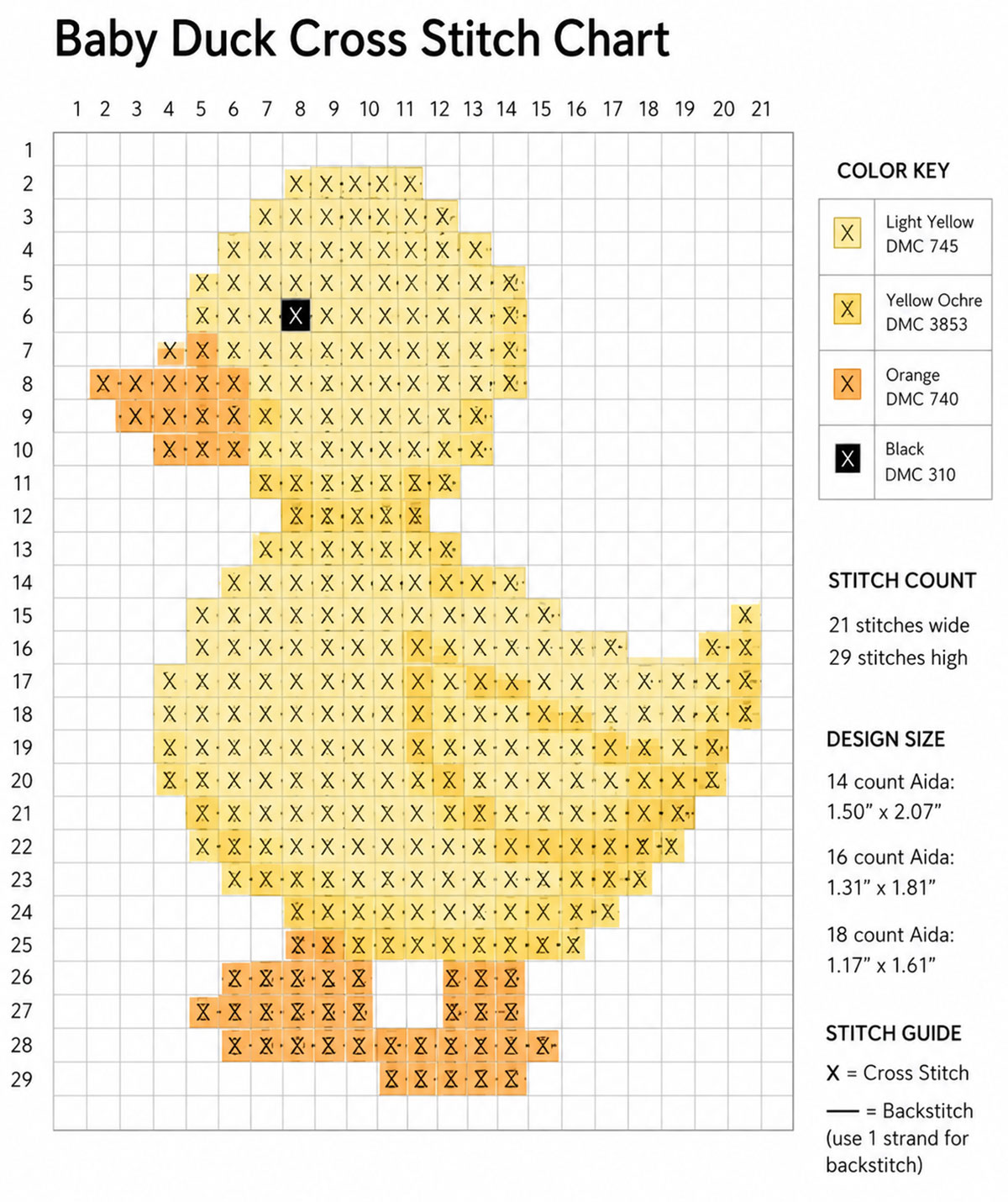 Baby duck cross stitch chart with pale yellow body, yellow ochre shading defining the wing and neck, orange beak and feet, and black eye