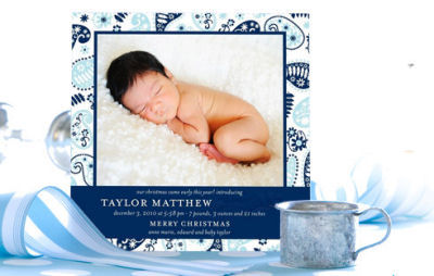 baby boy first 1st christmas holiday baby shower invitation birth announcement personalized blue white and