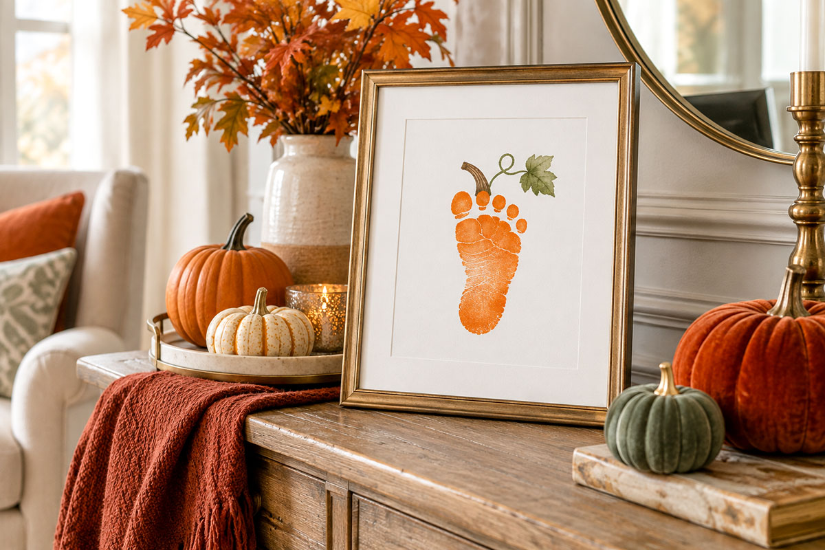 Orange baby footprint made into a pumpkin and displayed as a fall keepsake