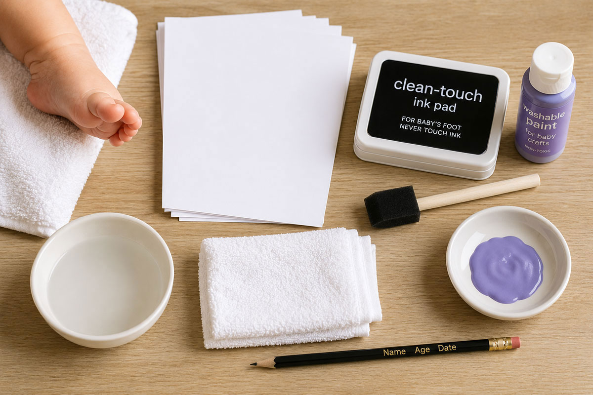 Baby footprint supplies arranged with heavyweight paper, clean-touch ink pad, washcloth and towel beside a baby's bare foot