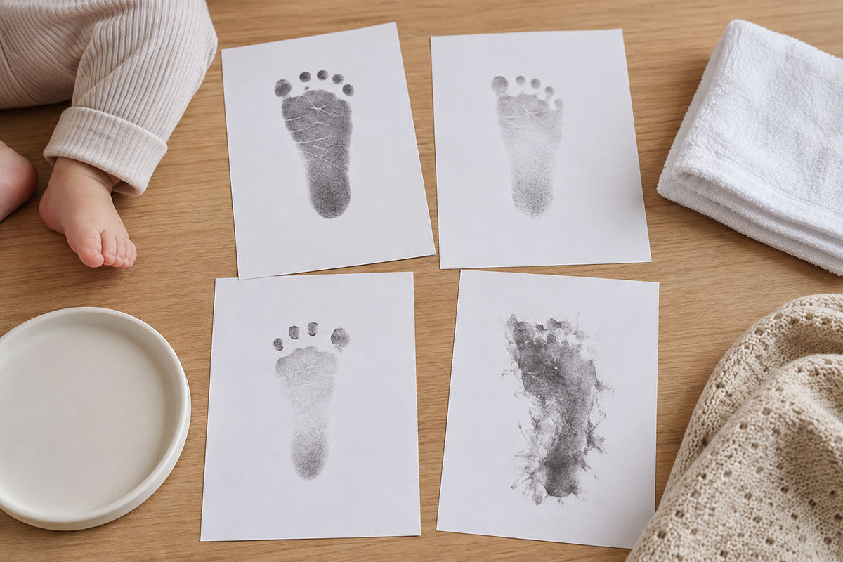 Several baby footprint practice sheets on a table showing a clear print, a faint heel, curled toes and a smeared print for comparison