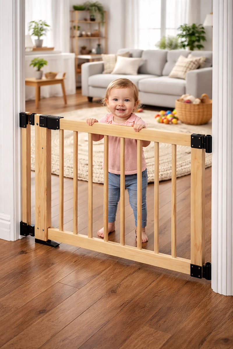 Wood baby gate installed across a living room entryway