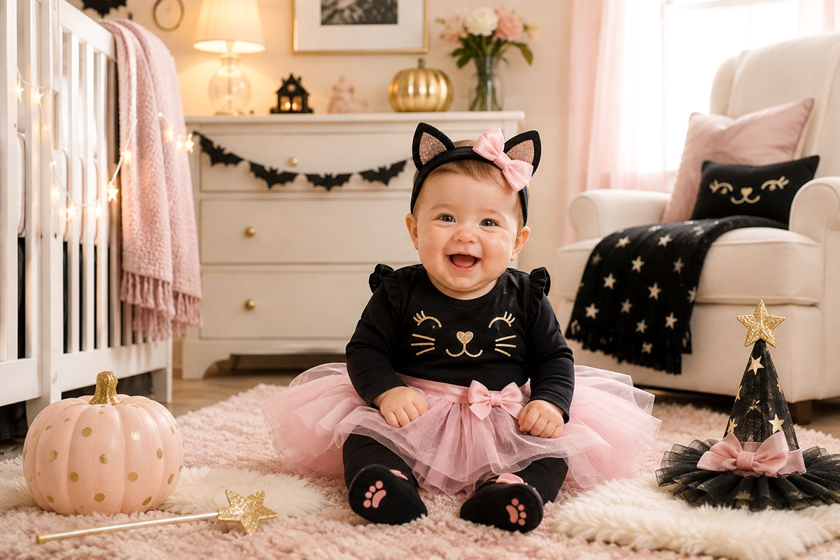 Baby girl wearing a black cat Halloween costume with a pink tutu and soft cat ears
