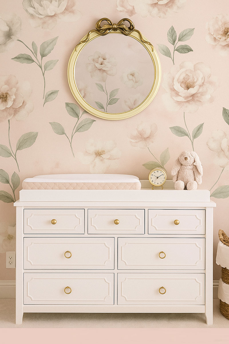 Modern glam baby girl nursery dresser and changing table vignette with blush floral wallpaper, antique white dresser, round gold mirror, brass lamp, and woven storage baskets.