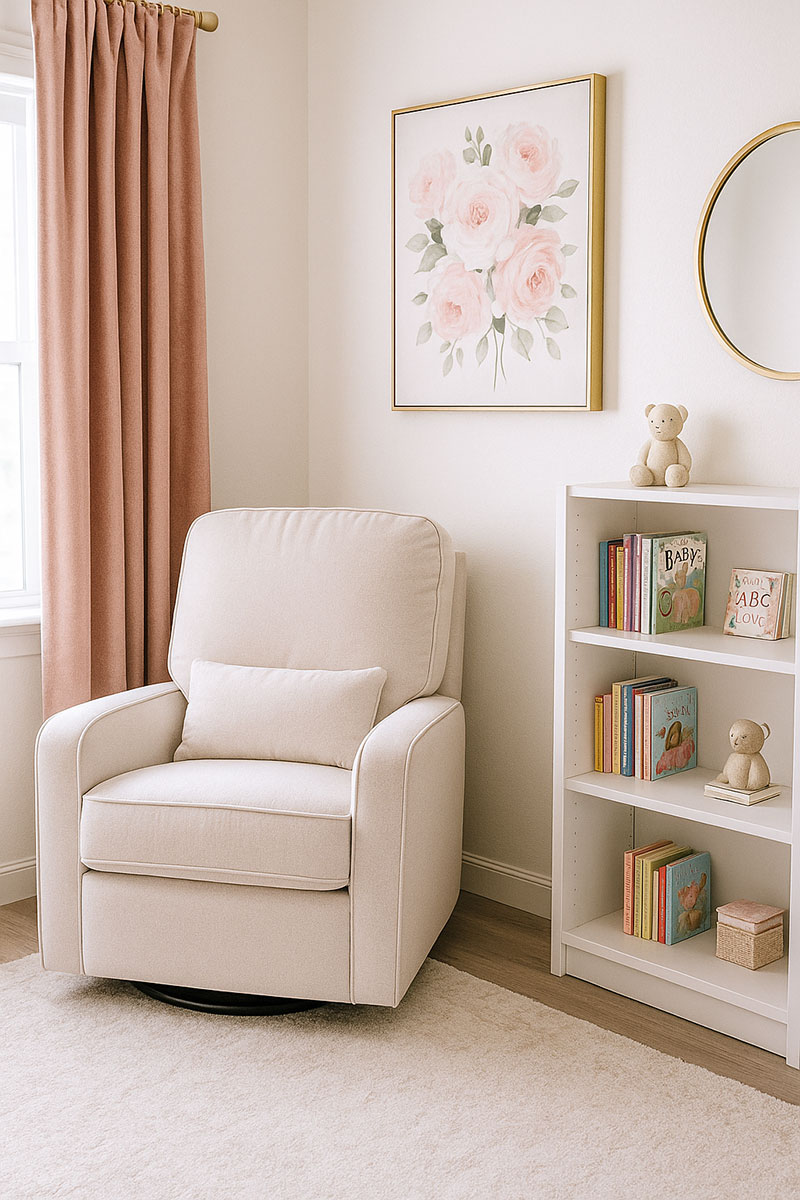 Modern glam baby girl nursery with blush pink velvet curtains, gold dresser pulls, and crystal chandelier
