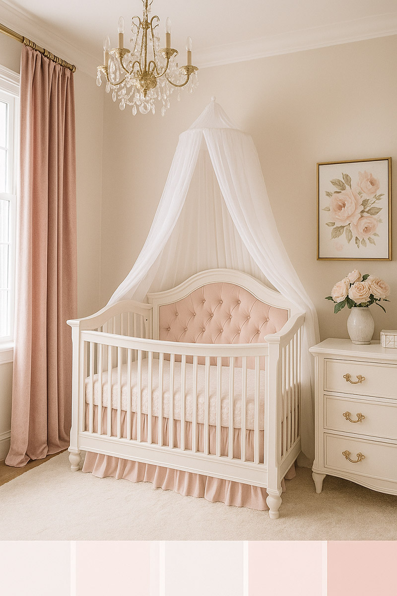 Soft blush and white romantic baby girl nursery with antique white dresser, canopy crib, floral wall art, gold and crystal accents