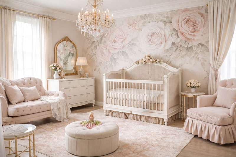 Elegant baby girl nursery with a bold pink rose wall, canopy crib, blush chair, and princess dolls in pink dresses