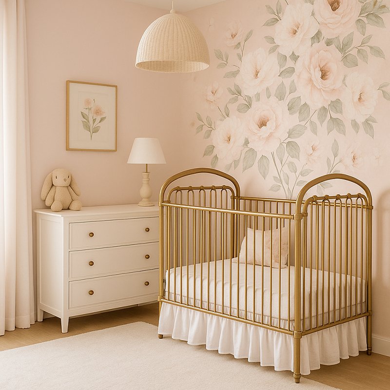Baby girl nursery with blush pink walls, floral wallpaper and burnished gold crib