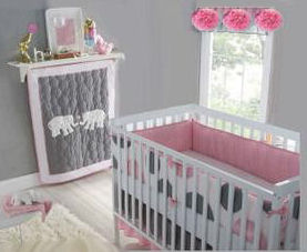 Baby girl elephant theme nursery decorated in pink, gray with polka dots baby crib bedding