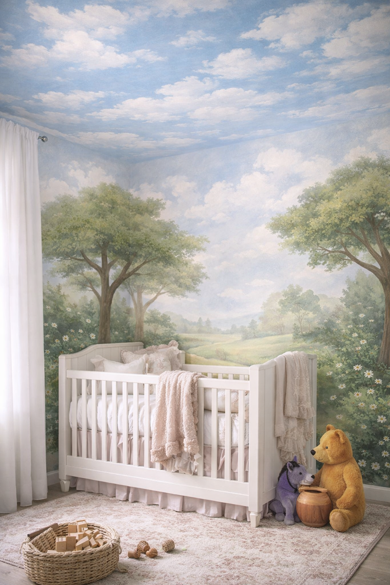 Nursery ceiling cloud mural painting in a Winnie the Pooh themed baby girl nursery