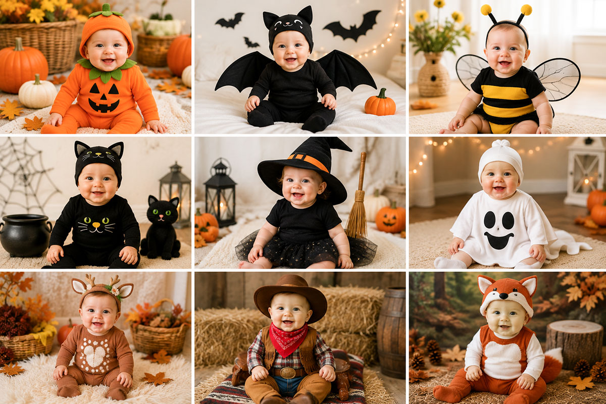 Baby Halloween costume theme ideas including pumpkin, woodland animal, bat and funny character costumes