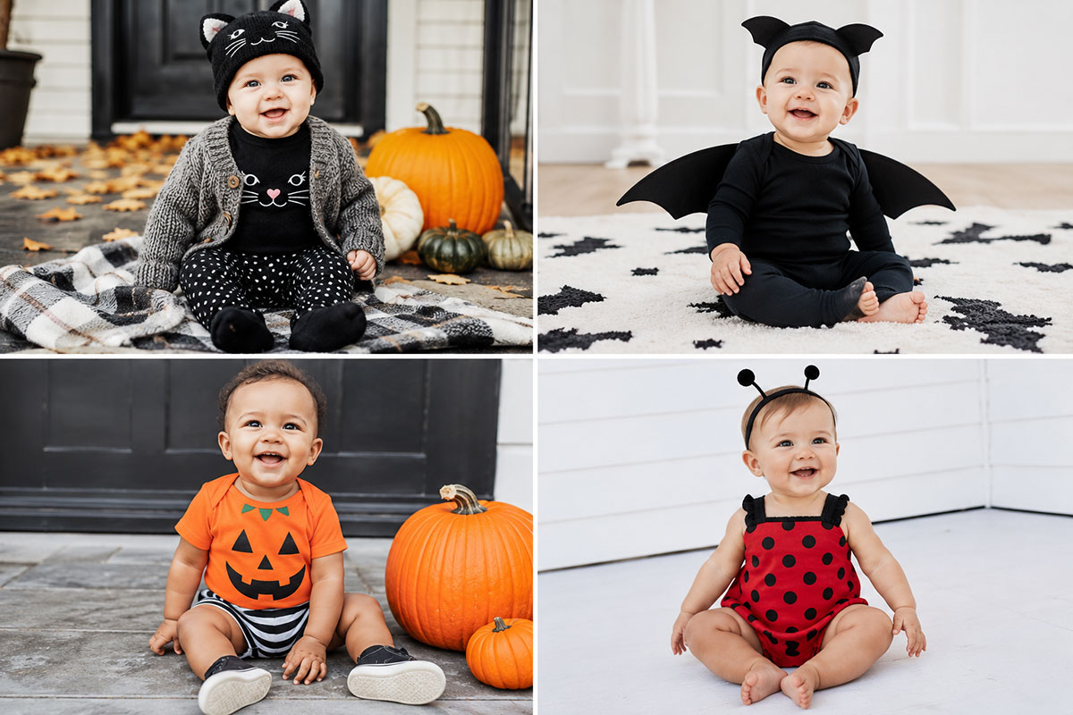 Baby Halloween costumes shown with comfortable lightweight and layered outfit choices for different October weather