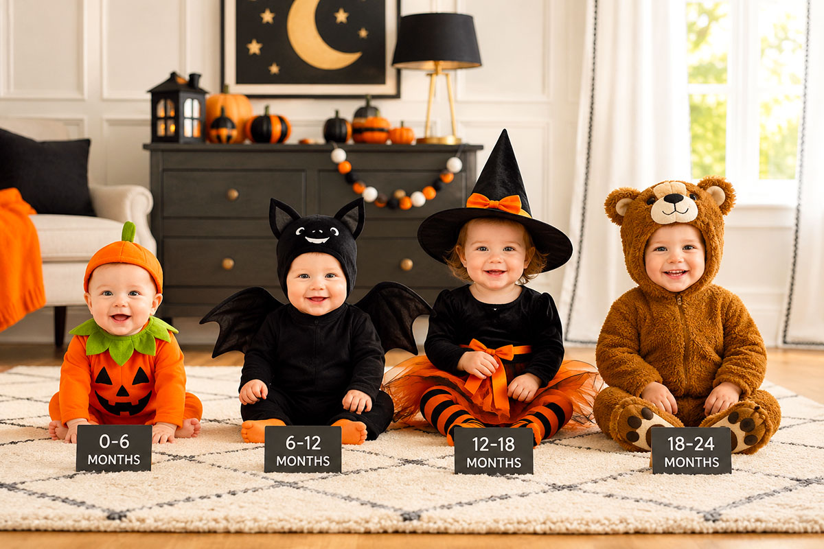 Five babies wearing pumpkin, bat, cat, witch and ghost Halloween costumes in a bright nursery setting