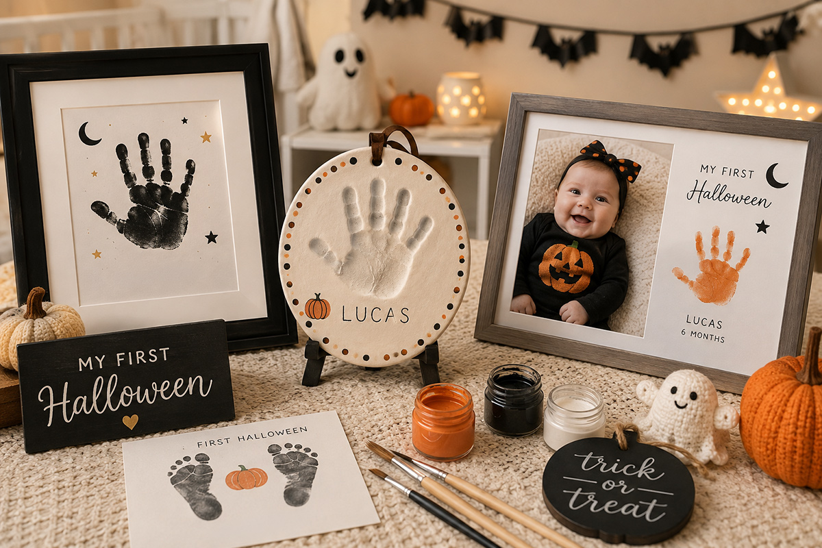 Elegant baby Halloween crafts including framed handprint nursery art, a clay hand impression keepsake and personalized Halloween baby art