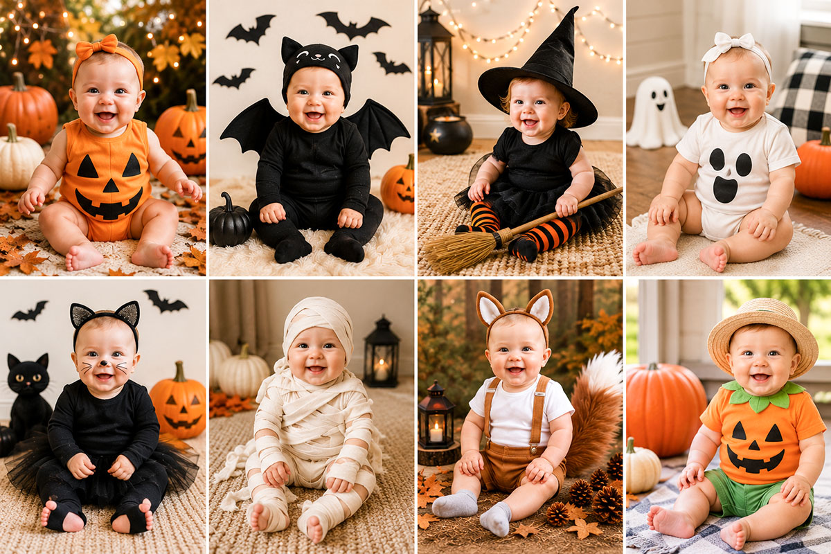 Collage of baby Halloween photo ideas including pumpkin, bat, witch, ghost, cat, mummy and woodland costume scenes
