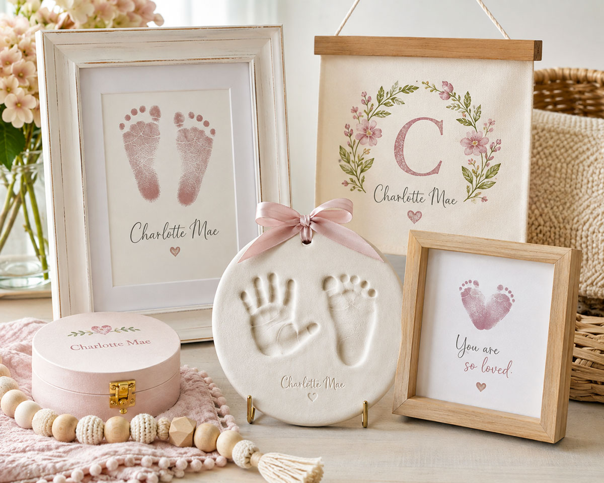 Handmade baby handprint and footprint gifts including framed footprint art, a clay print keepsake and personalized nursery artwork