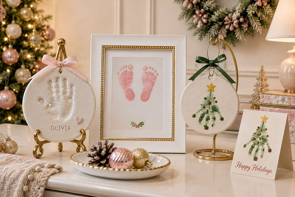 Baby handprint ornament, framed footprint keepsake and handmade holiday card displayed for Christmas
