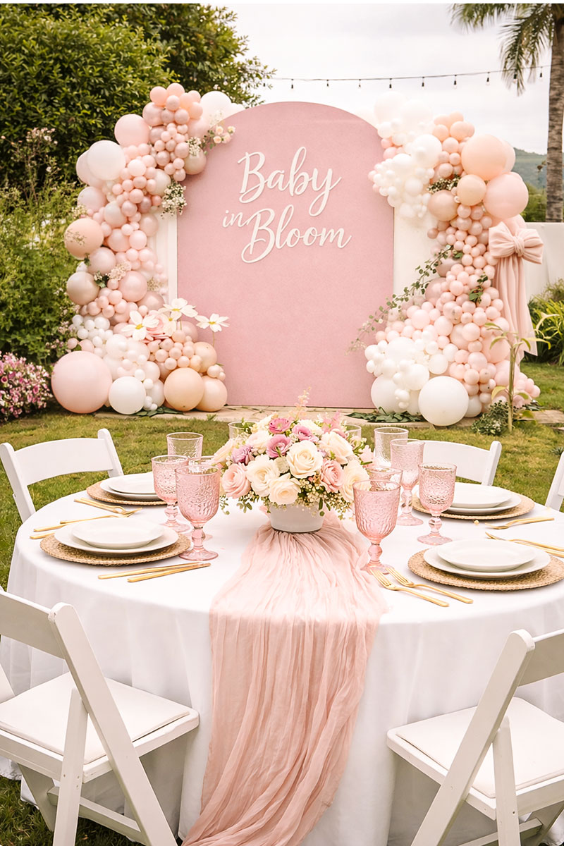 Baby in bloom baby shower setup with blush balloons, oversized gauze bows, and elegant table decor