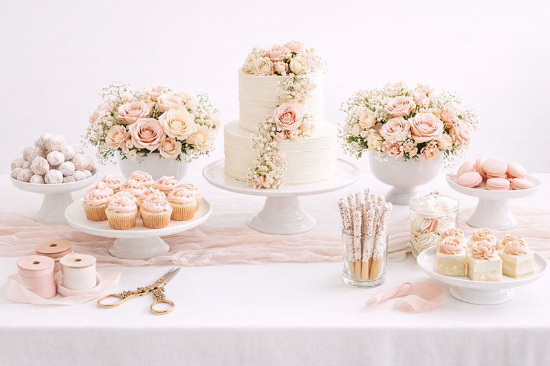 Baby in bloom baby shower dessert table with cake, florals, and layered party decor