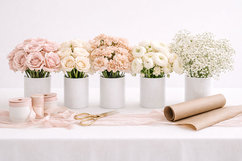 Baby in bloom baby shower flower bar with wrapped blooms, favor display, and party styling