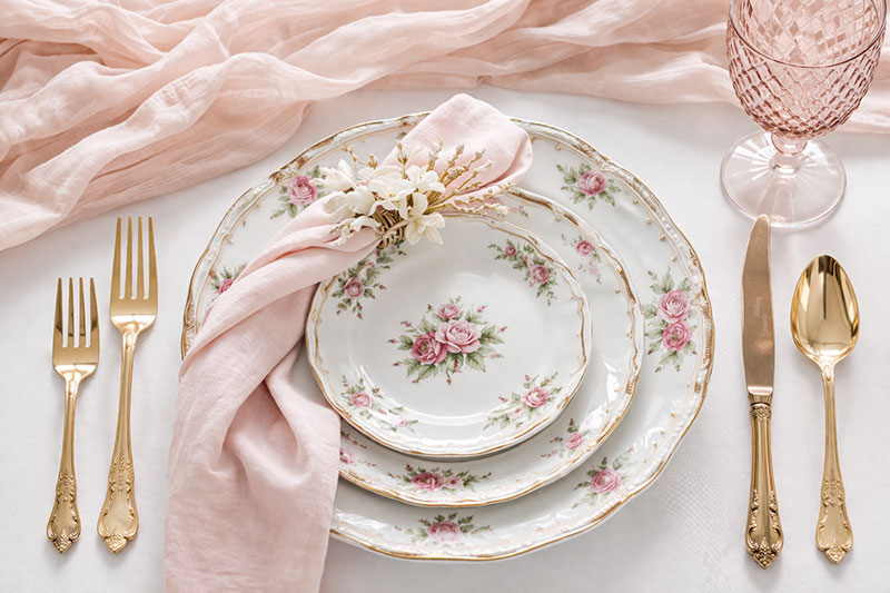 Baby in bloom baby shower place settings with blush napkins, glassware, and layered table styling