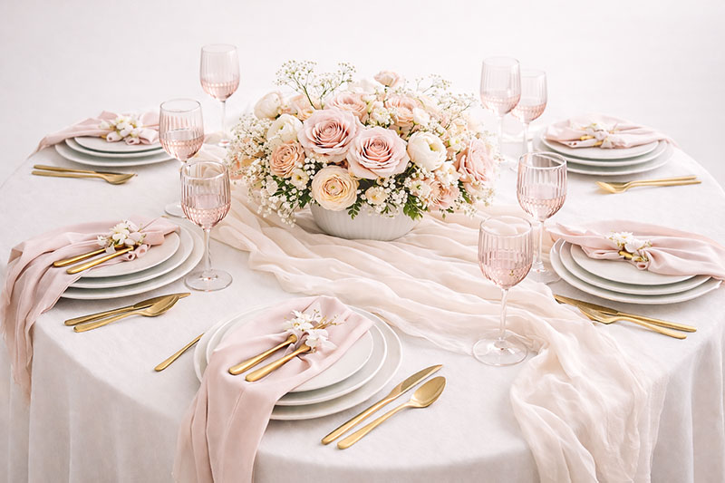 Baby in bloom baby shower table decorations with ceramic plates, pink glassware, and a floral centerpiece