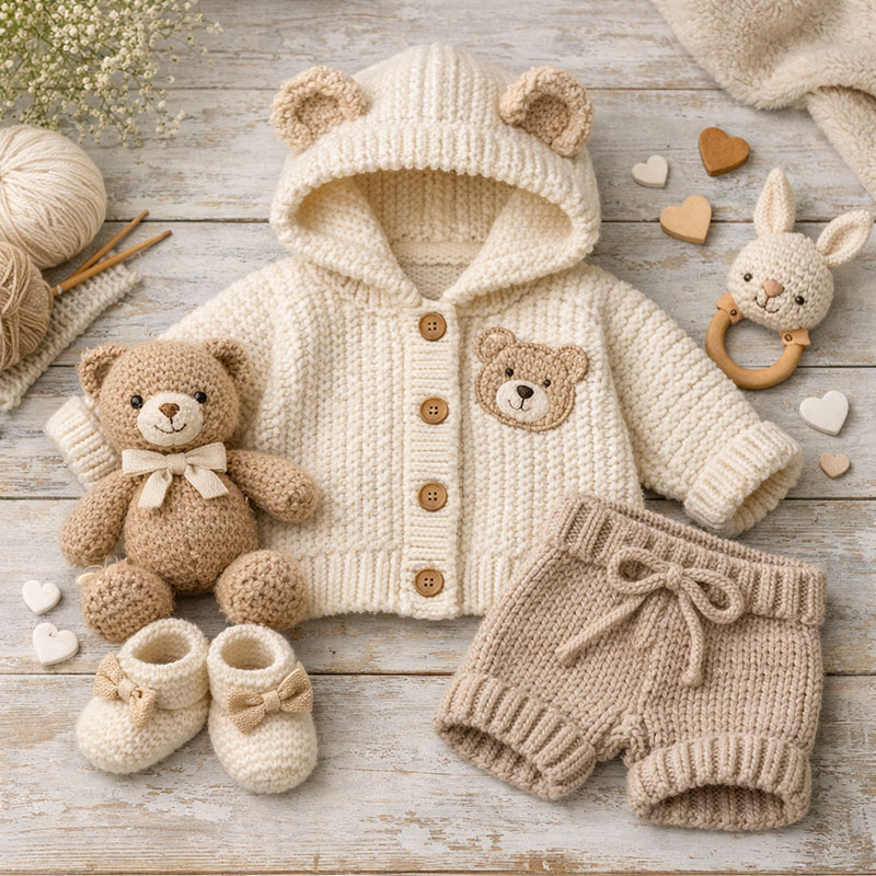 Hand knit baby cardigan booties and shorts in a neutral newborn knitting project