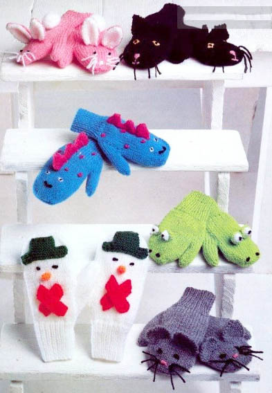 Baby mittens gloves knitting patterns knit animals bunny rabbit kitty cat snowman mouse dinosaur