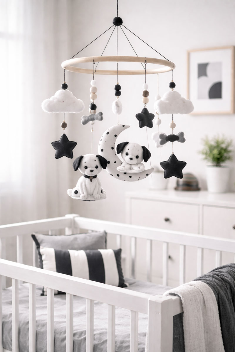 Neutral baby mobile hanging above a crib in a calm, softly styled nursery