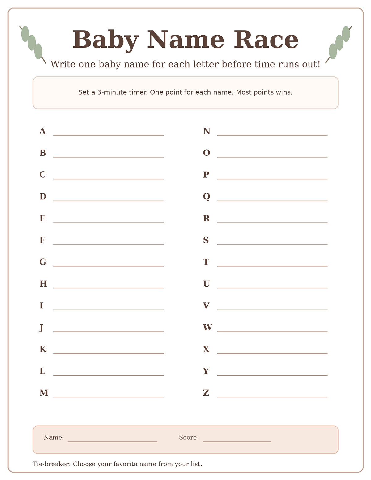 Free Baby Name Race printable baby shower game with A through Z spaces for guests to write baby names