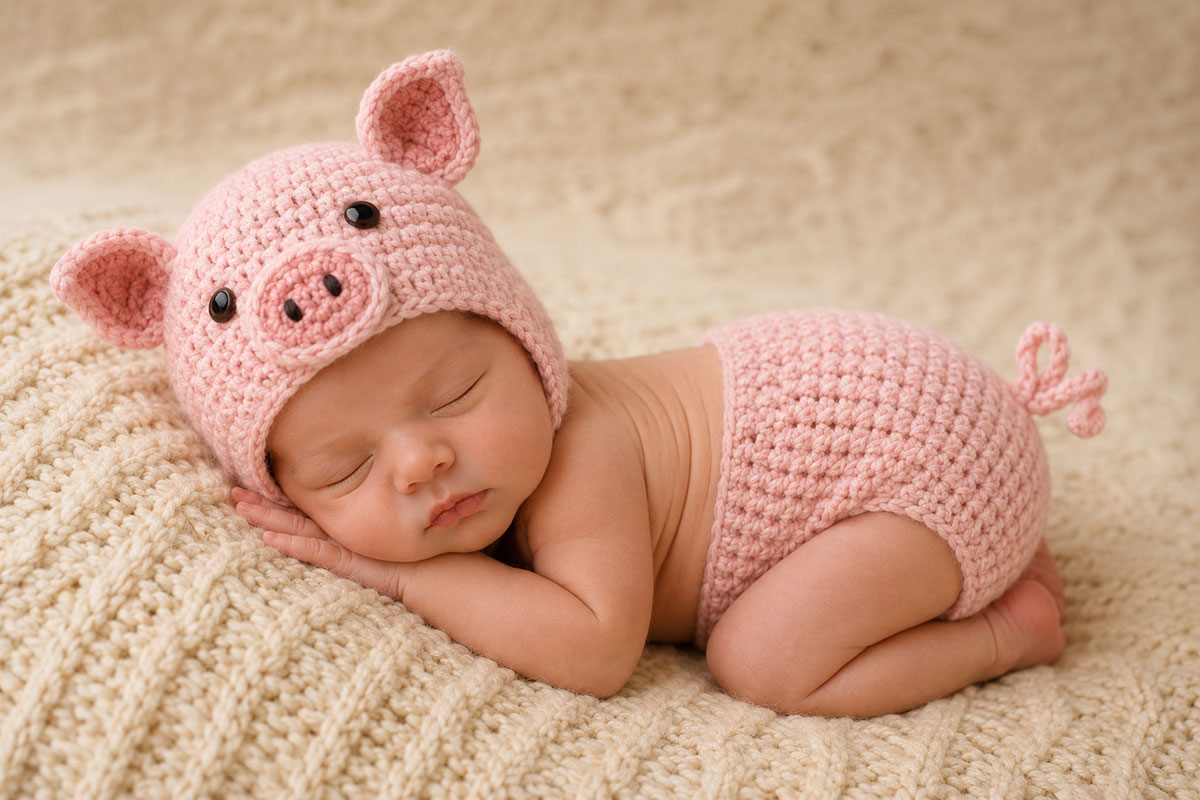 Crochet baby pig costume photo prop with hat and diaper cover pattern