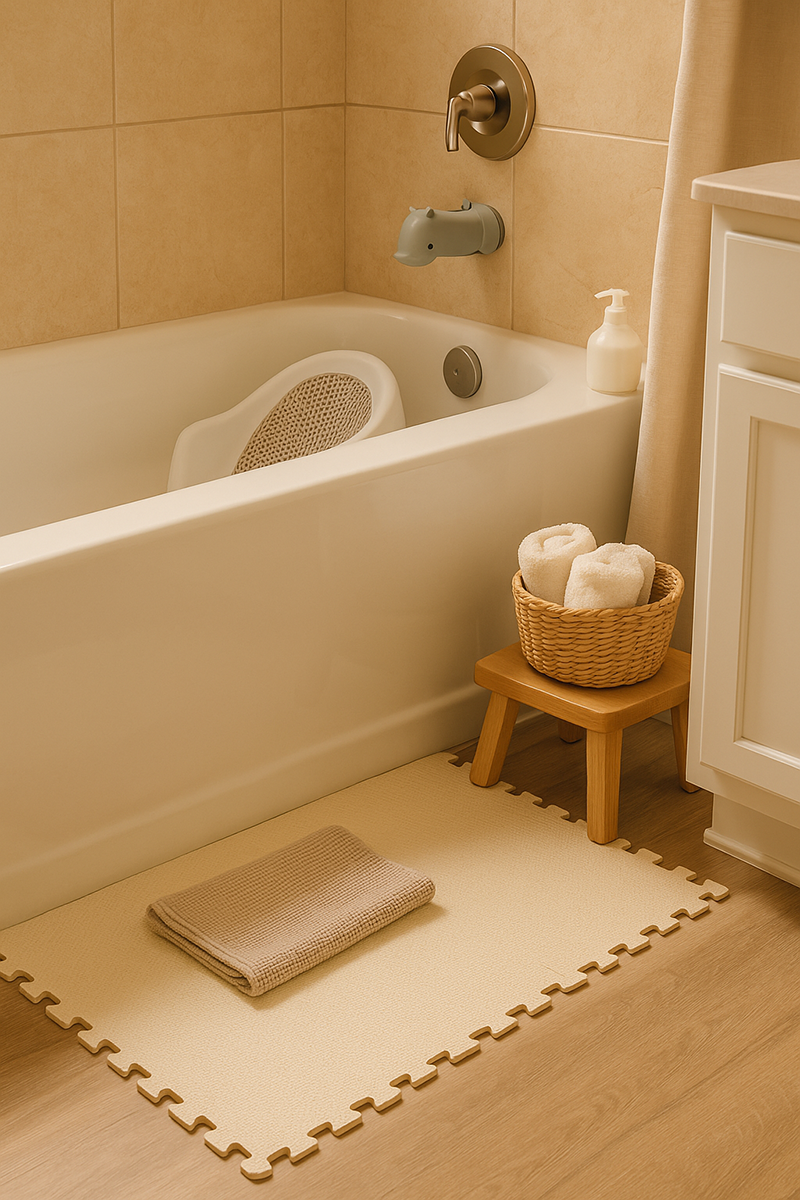 Baby-safe bathroom setup featuring a non-slip mat, baby bath seat, soft faucet cover, and warm neutral décor for safer bathtime