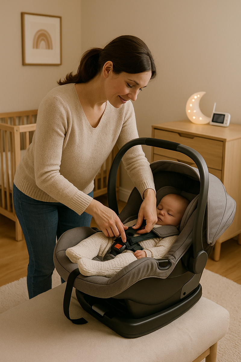 Mom gently securing her baby into a safely installed infant car seat in a warm, neutral nursery