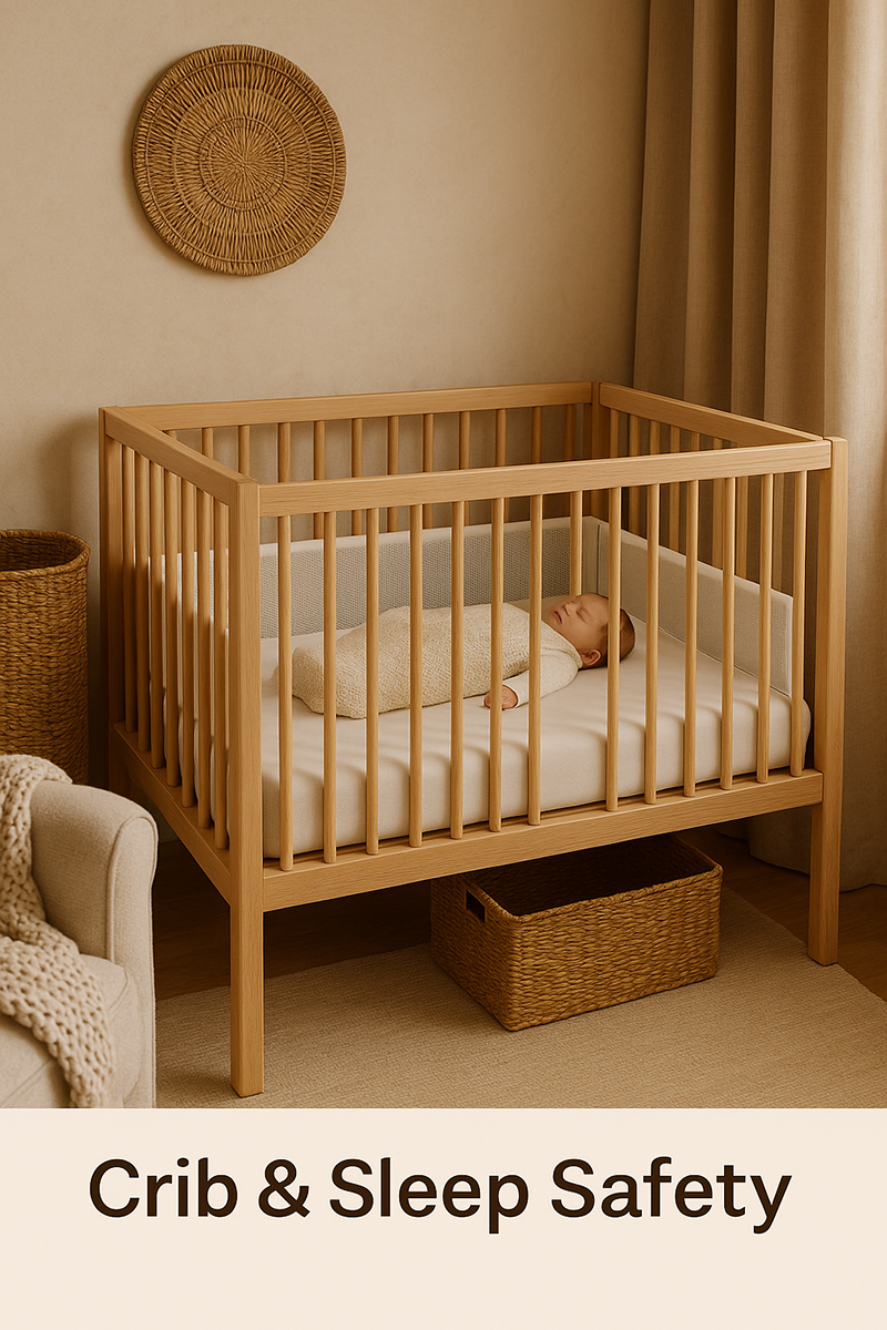 Warm neutral nursery with a safely swaddled baby sleeping in a crib with breathable mesh bumpers