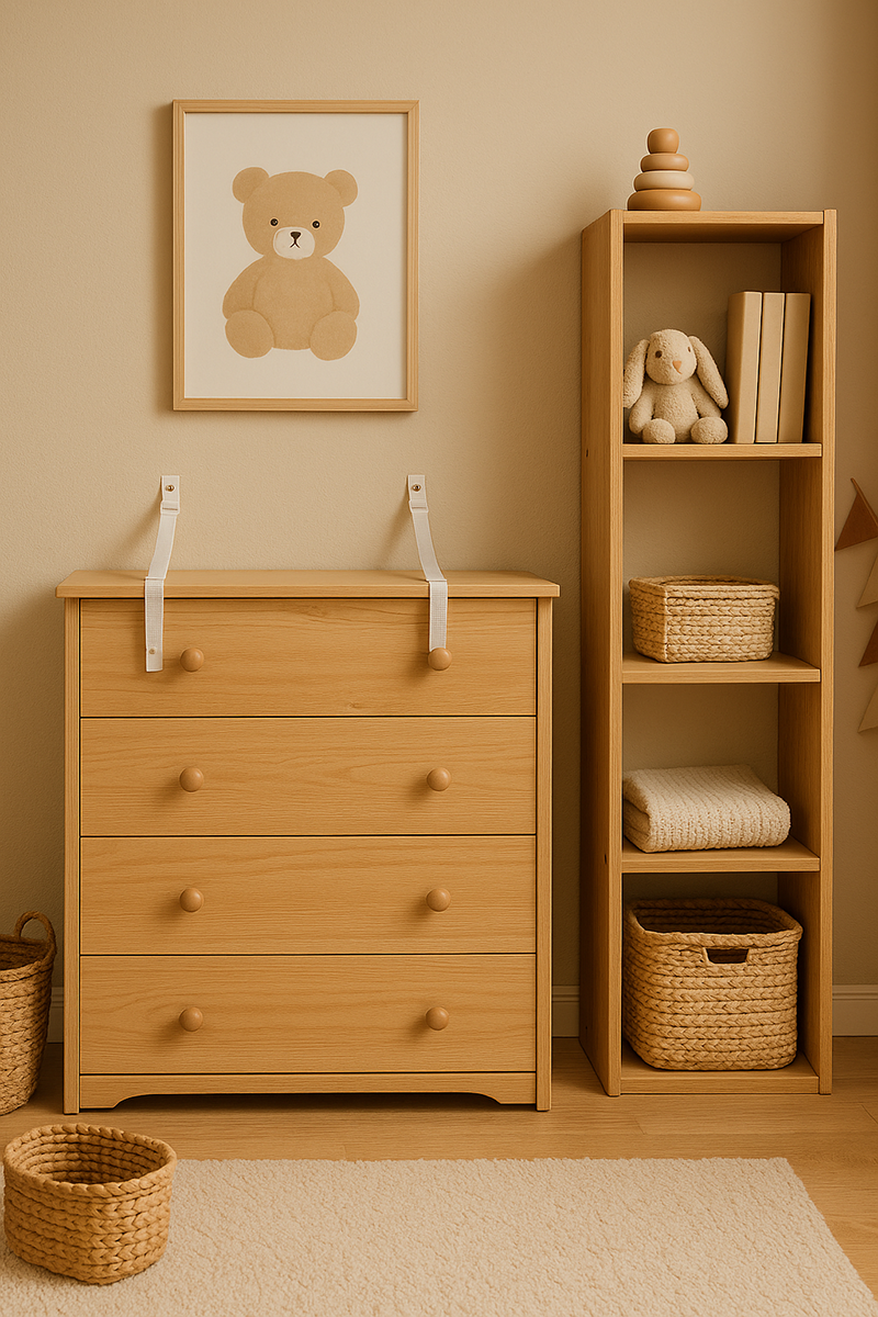 Warm neutral nursery with an anchored dresser and stable bookshelf secured to the wall for tip over safety