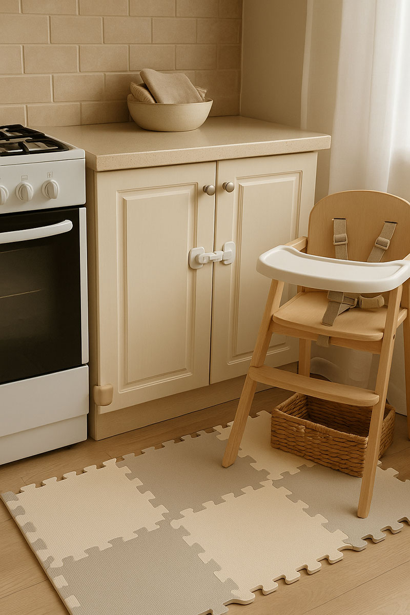 Babyproofed kitchen corner with a secured cabinet lock, high chair with harness, soft play mat, and safe neutral décor