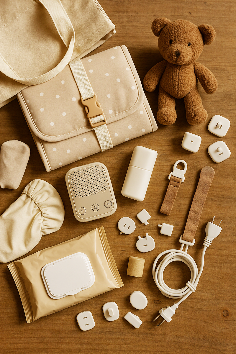 Portable baby safety essentials including outlet covers, a travel changing pad, sun shade, white-noise machine, and sanitizer wipes arranged on a warm wooden surface