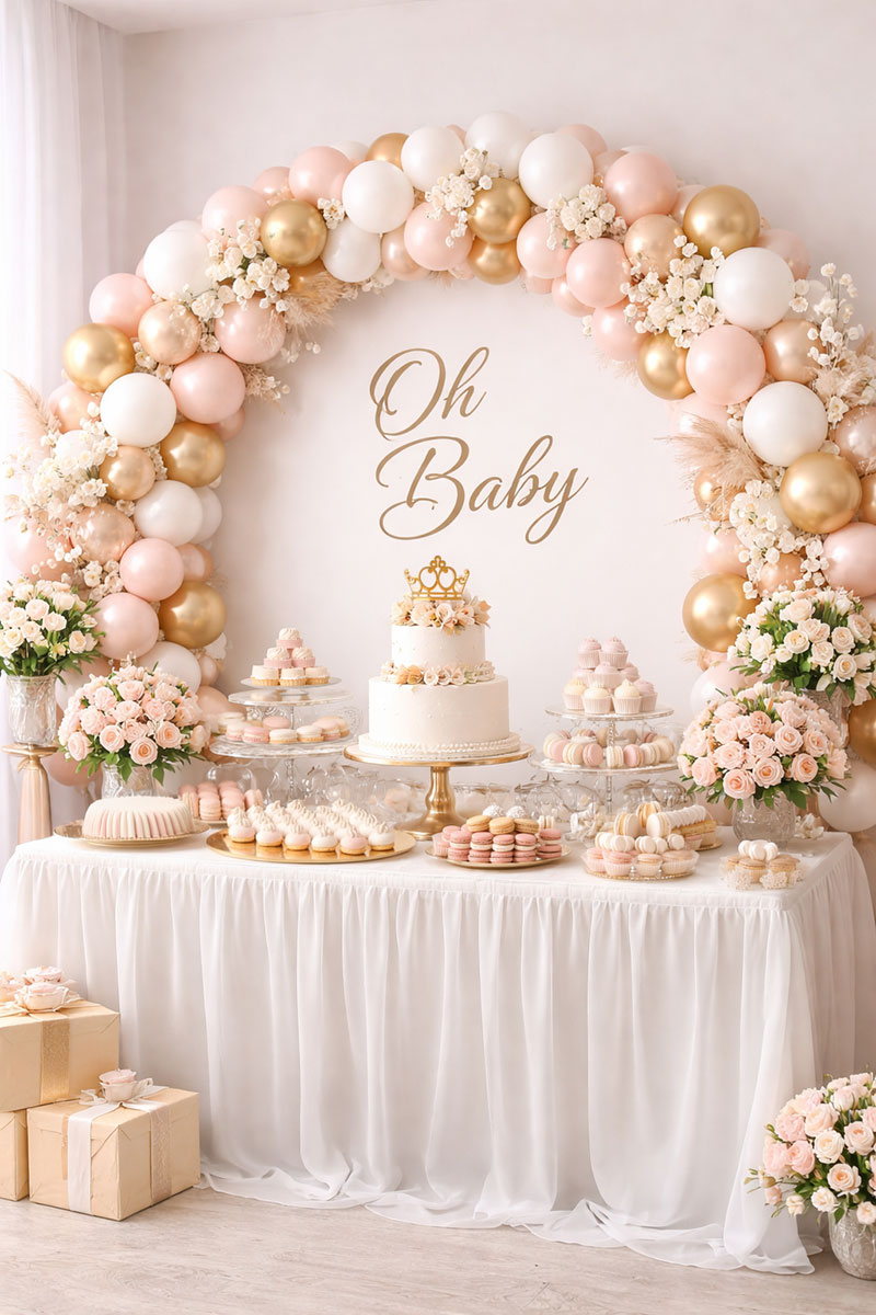 Blush pink ivory white and gold baby shower decorations with balloon backdrop and styled dessert table in a structured layout