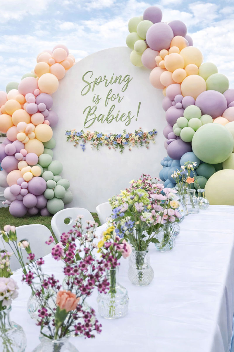 Spring baby shower balloon backdrop with soft colors creating a simple photo area